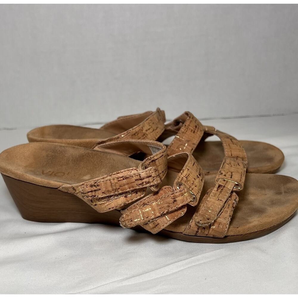 Vionic Dwyn Sandals Size 7 Tan Cork Wedge Orthaheel Adjustable Straps Comfort - Picture 2 of 10